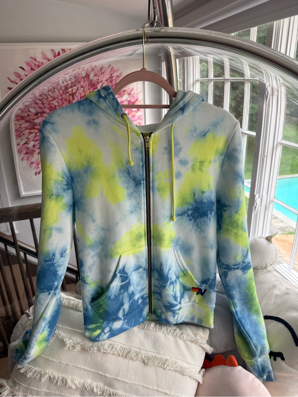 Tie-Dye Zip Hoodie in Blue & Yellow - Women's Lightweight Pullover